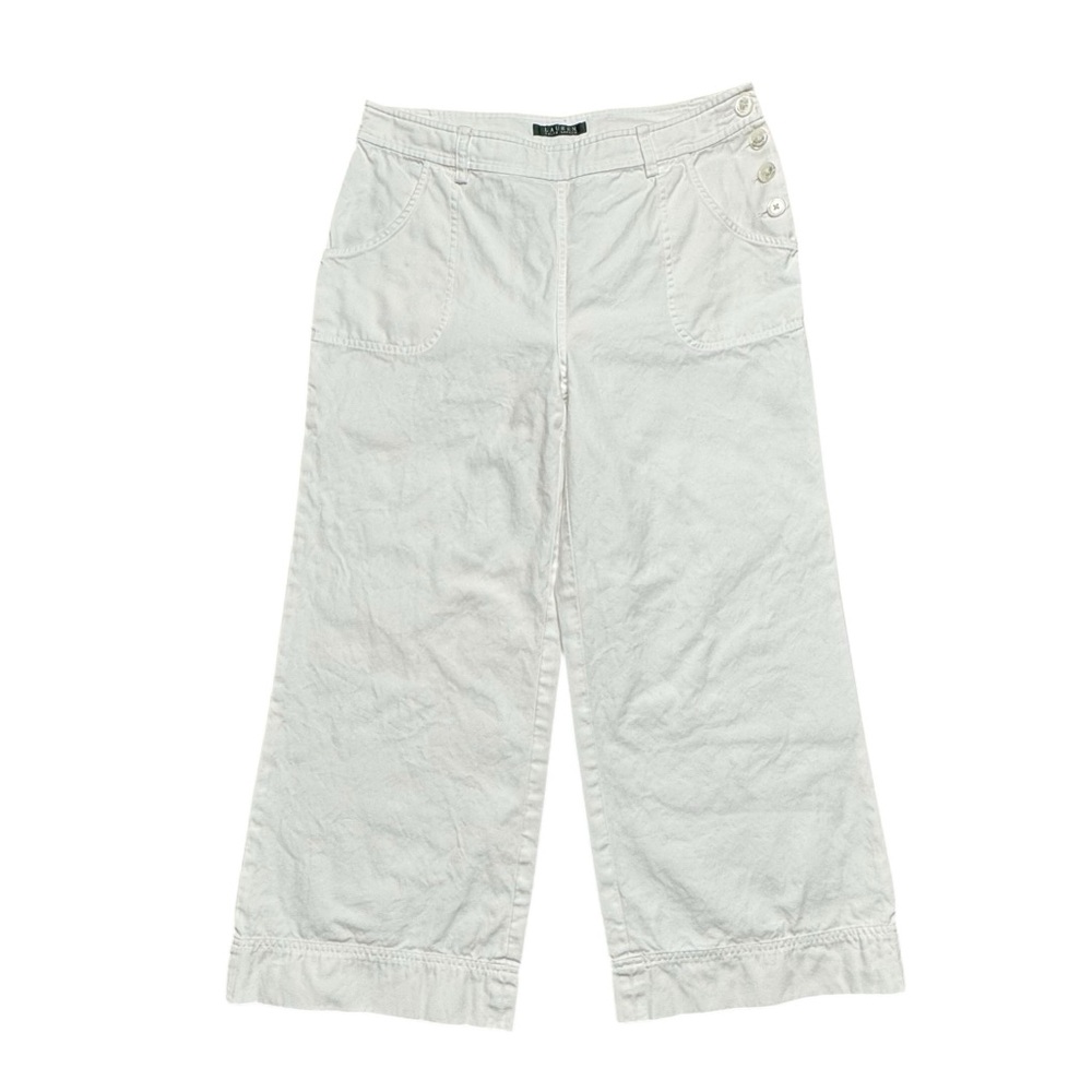 Lauren Ralph Lauren Sailor Wide Leg Crop Trouser Pant Sz 8 White Nautical Cotton